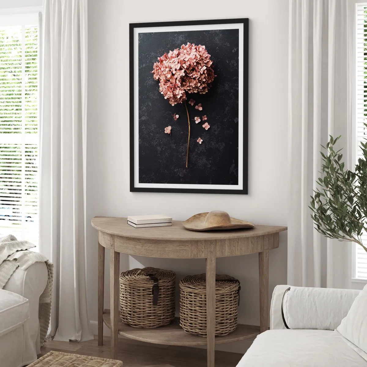 Plagát v čiernom ráme - Sušená hortenzia na čiernom pozadí - 50x70cm - Skutočne romantické znamenie - Moderná nástenná dekorácia do obývacej izby a spálne ARTTOR