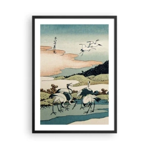 Plagát v čiernom ráme - Tradičné japonské umelecké dielo s žeriavmi v prírodnej krajine - 50x70cm - V japonskom duchu - Moderná nástenná dekorácia do obývacej izby a spálne ARTTOR