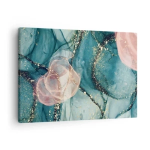 Obraz na plátne - Abstraktná kompozícia v odtieňoch tyrkysovej a zlatej. - 70x50cm - Modré hodváb modré, ružový tyl - Moderná nástenná dekorácia do obývacej izby a spálne ARTTOR
