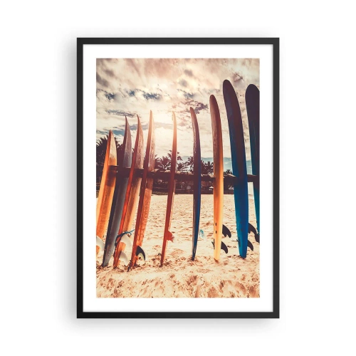 Plagát v čiernom ráme - Farebné surfové dosky na pozadí pláže a paliem - 50x70cm - Dobrú noc, tak zajtra. - Moderná nástenná dekorácia do obývacej izby a spálne ARTTOR