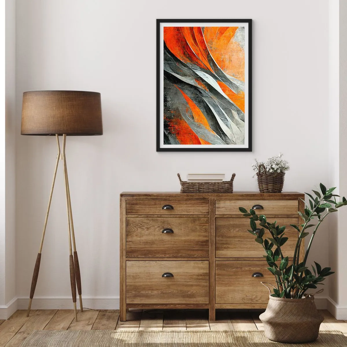 Plagát v čiernom ráme - Dynamická abstrakcia v odtieňoch oranžovej a sivej - 50x70cm - Žiar a chlad - Moderná nástenná dekorácia do obývacej izby a spálne ARTTOR