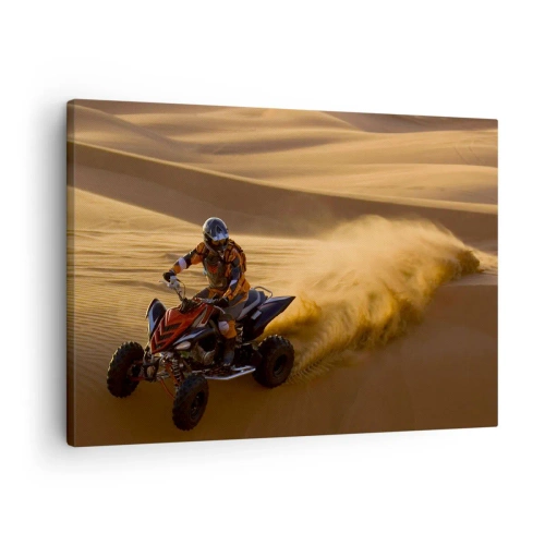 Obraz na plátne - Motocyklista na štvorkolke sa preháňa cez piesočné duny púšte - 70x50cm - Na vlnách piesku - Moderná nástenná dekorácia do obývacej izby a spálne ARTTOR