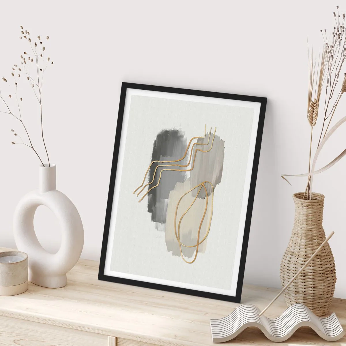 Plagát v čiernom ráme - Abstraktná kompozícia s čiarami a škvrnami farby - 50x70cm - Trvanie a pohyb - Moderná nástenná dekorácia do obývacej izby a spálne ARTTOR
