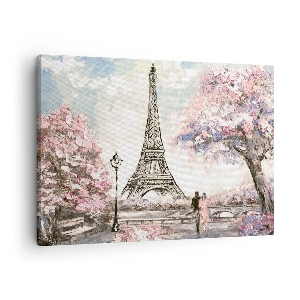 Obraz na plátne - Eiffelova veža obklopená kvitnúcimi stromami - 70x50cm - Aprílová prechádzka Parížom - Moderná nástenná dekorácia do obývacej izby a spálne ARTTOR