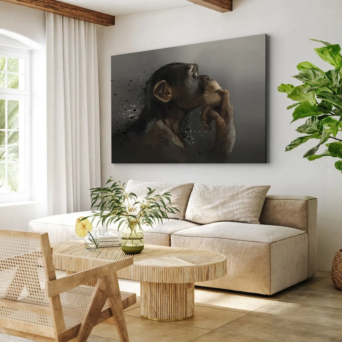 Obraz na plátne - Portrét opice v reflexnej póze na sivom pozadí - 70x50cm - Určite mysliteľ - Moderná nástenná dekorácia do obývacej izby a spálne ARTTOR