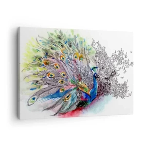 Obraz na plátne - Páv v farebnom akvarelovom štýle s abstraktnými perami - 70x50cm - S pýchou proti šedi  - Moderná nástenná dekorácia do obývacej izby a spálne ARTTOR