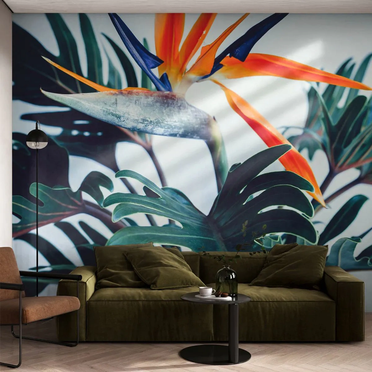 Fototapeta Standard Eco - Exotický kvet strelitzie medzi tmavými listami - 100x70cm - Vtáker - Moderná nástenná dekorácia do obývacej izby a spálne ARTTOR