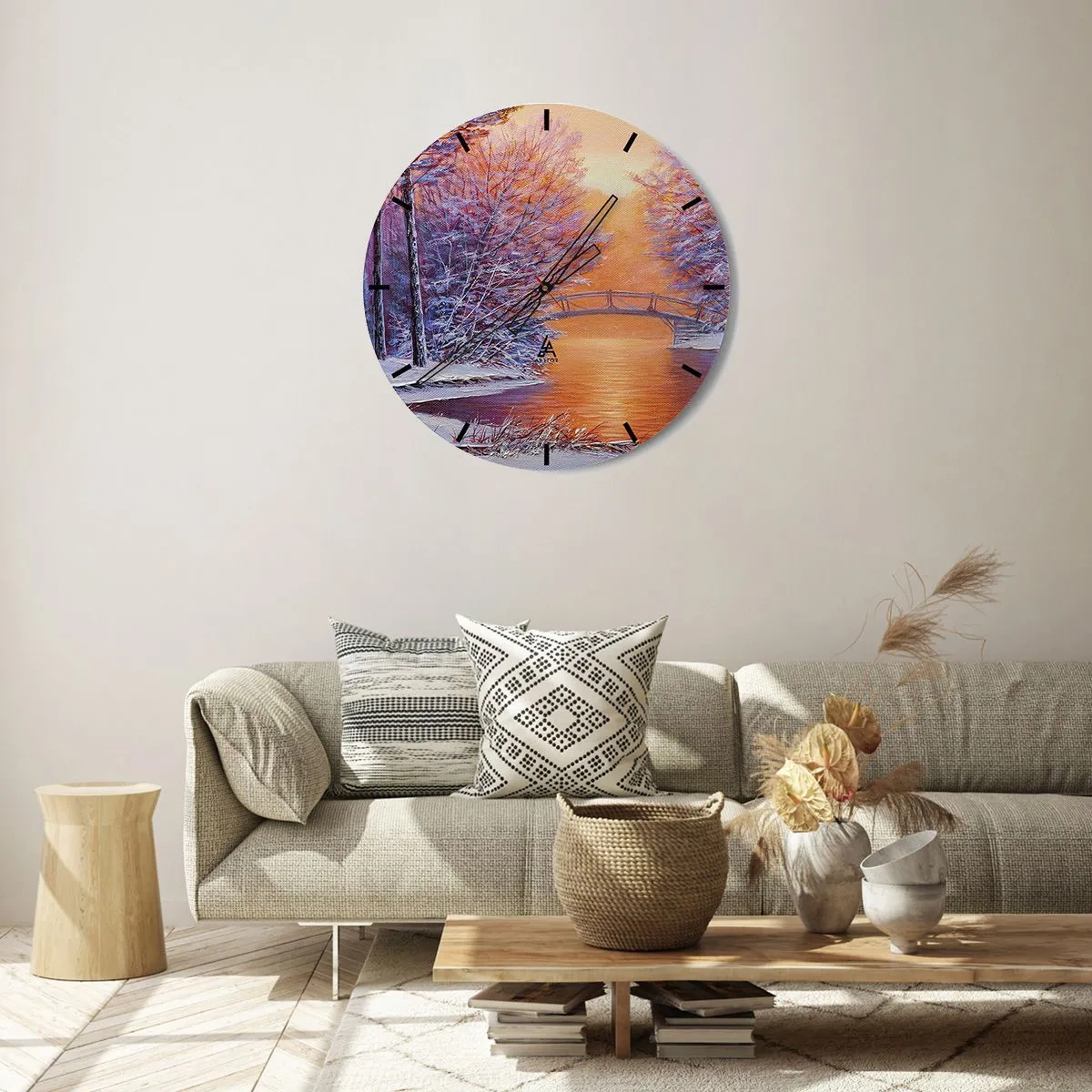 Nástenné hodiny - Zimná krajina s mostom cez rieku, stromami a snehom - 30x30cm - Stretneme sa tu - Moderná nástenná dekorácia do obývacej izby, kuchyne a spálne ARTTOR