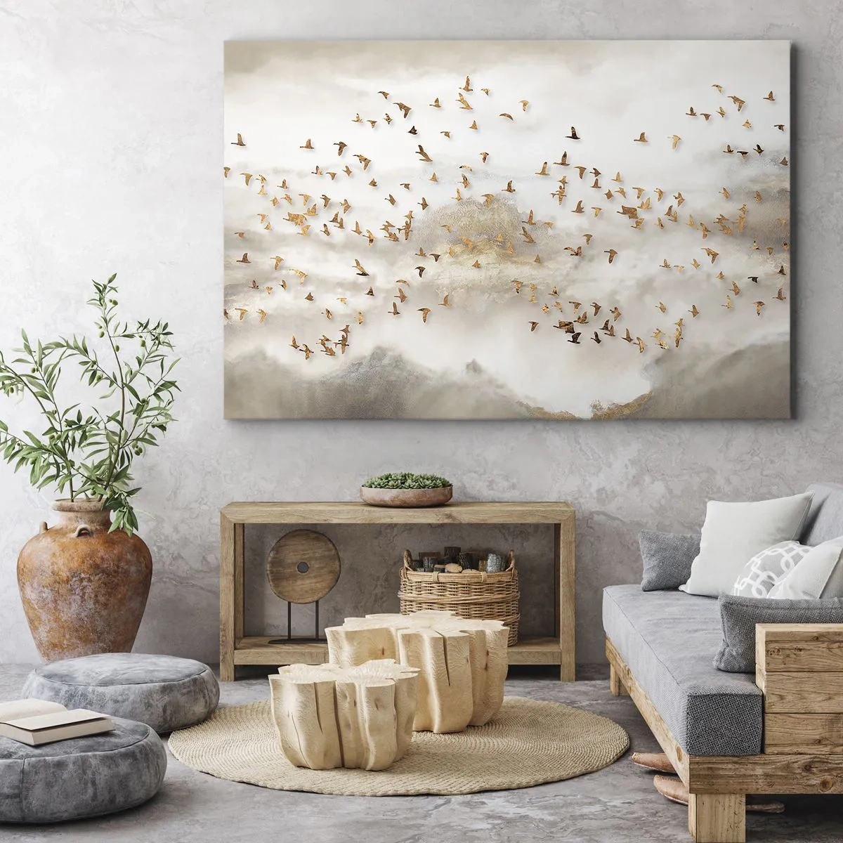 Obraz na plátne - Zlaté vtáky na pozadí hmlistých hôr - 70x50cm - Už je čas... - Moderná nástenná dekorácia do obývacej izby a spálne ARTTOR