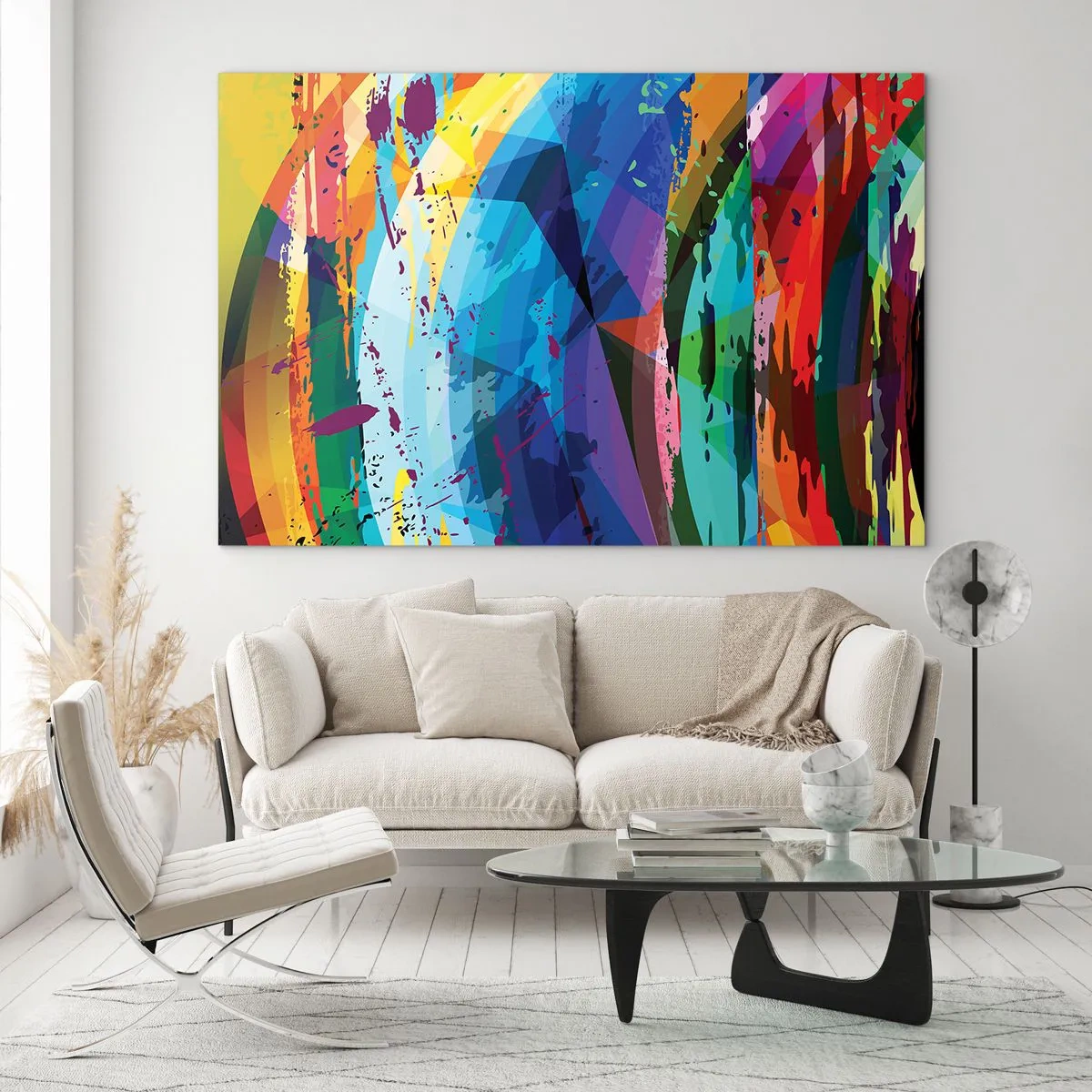 Obraz na skle - Farebná abstrakcia s dynamickými tvarmi - 70x50cm - Farebné závraty - Moderná nástenná dekorácia do obývacej izby a spálne ARTTOR