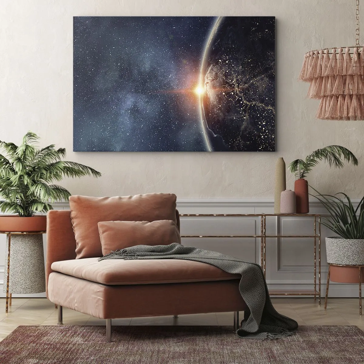 Obraz na plátne - Zem videná z vesmíru s vychádzajúcim slnkom - 70x50cm - V novej perspektíve - Moderná nástenná dekorácia do obývacej izby a spálne ARTTOR