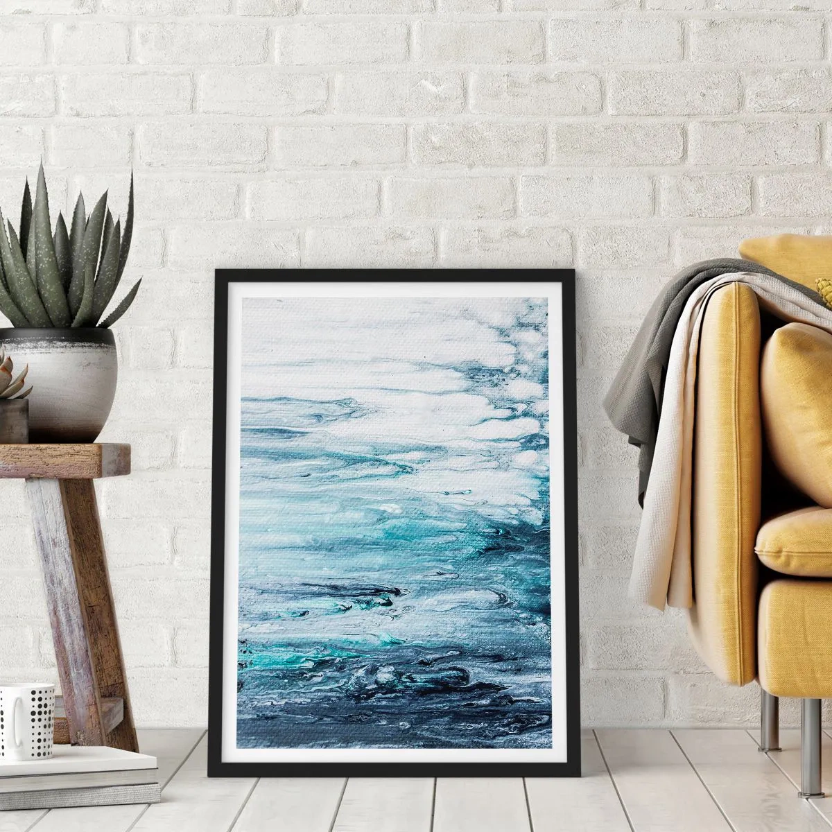 Plagát v čiernom ráme - Abstraktný vzor v odtieňoch modrej a sivej - 50x70cm - Modré cencúle - Moderná nástenná dekorácia do obývacej izby a spálne ARTTOR