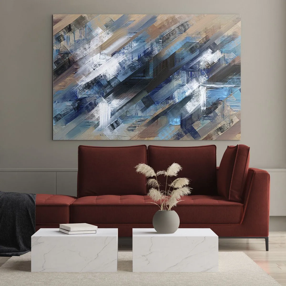 Obraz na skle - Abstraktné diagonálne pruhy v odtieňoch modrej, bielej a béžovej - 70x50cm - Modrá šikmosť - Moderná nástenná dekorácia do obývacej izby a spálne ARTTOR