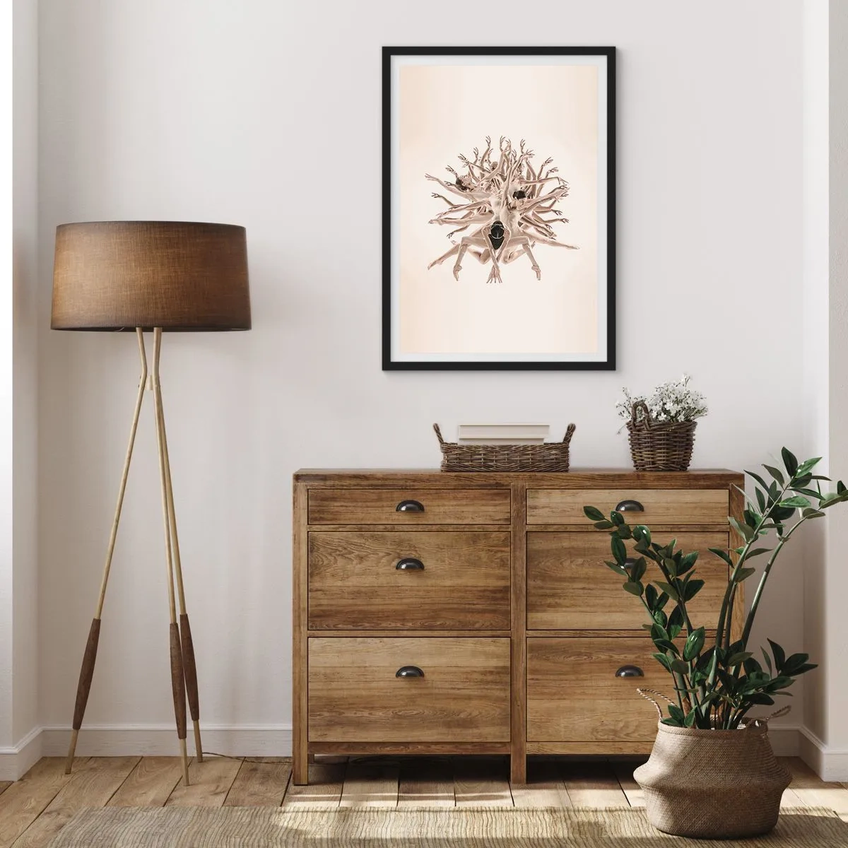 Plagát v čiernom ráme - Umelecká kompozícia tanečnice v jemných béžových farbách. - 50x70cm - Rozkvet v tanci - Moderná nástenná dekorácia do obývacej izby a spálne ARTTOR