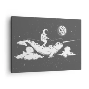 Obraz na plátne - Astronaut na chrbte narvala plávajúceho vo vesmírnej scéne. - 70x50cm - Vesmírny jazdec - Moderná nástenná dekorácia do obývacej izby a spálne ARTTOR