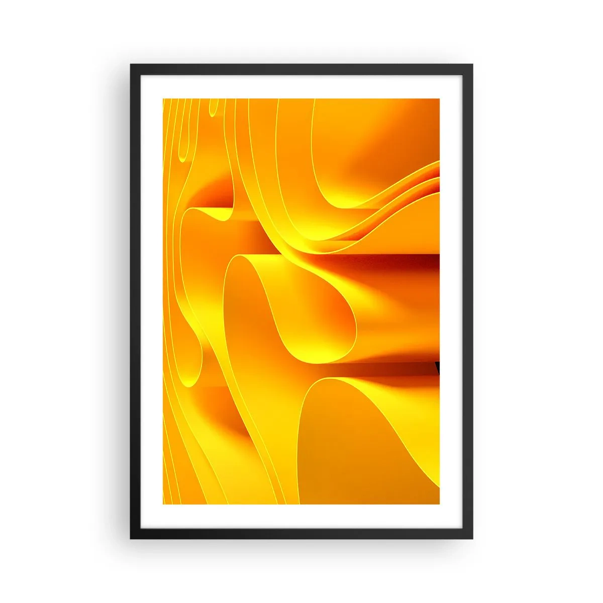 Plagát v čiernom ráme - Abstraktná kompozícia v odtieňoch zlatej a oranžovej - 50x70cm - Ako slnečné vlny - Moderná nástenná dekorácia do obývacej izby a spálne ARTTOR