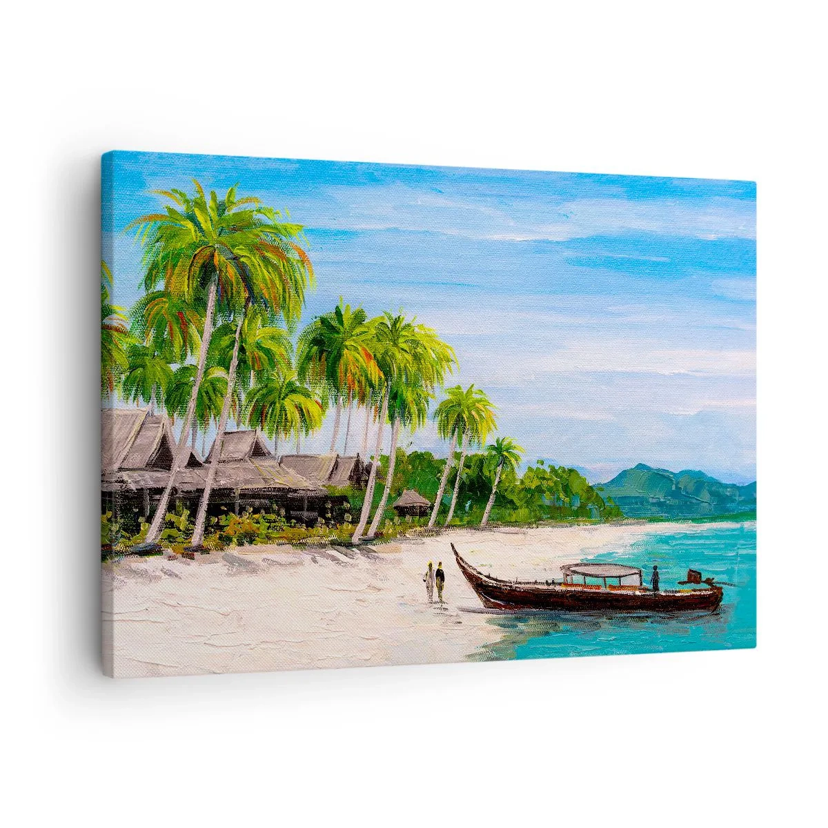Obraz na plátne - Exotická pláž s palmami a loďkou na brehu - 70x50cm - Exotický sen - Moderná nástenná dekorácia do obývacej izby a spálne ARTTOR