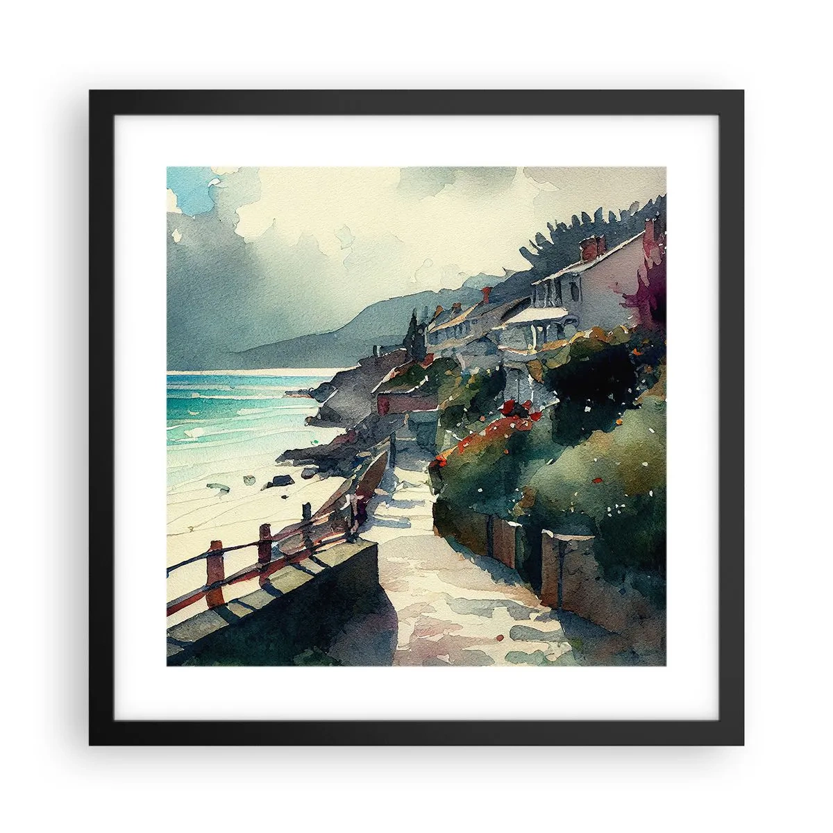 Plagát v čiernom ráme - Stredomorské mestečko - 40x40 cm