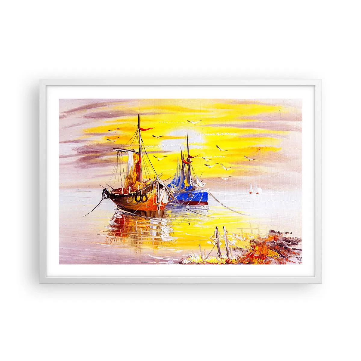 Plagát v bielom ráme - Zaslúžený odpočinok v prístave - 70x50 cm