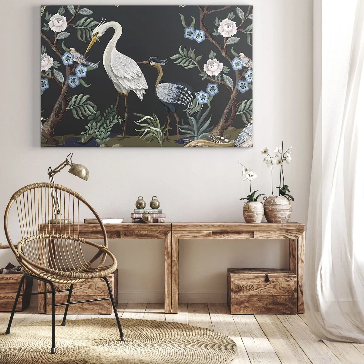 Obraz na plátne - Maľované vtáky a rastliny na tmavom pozadí s elegantným vzorom - 70x50cm - Vtáčí sprievod - Moderná nástenná dekorácia do obývacej izby a spálne ARTTOR