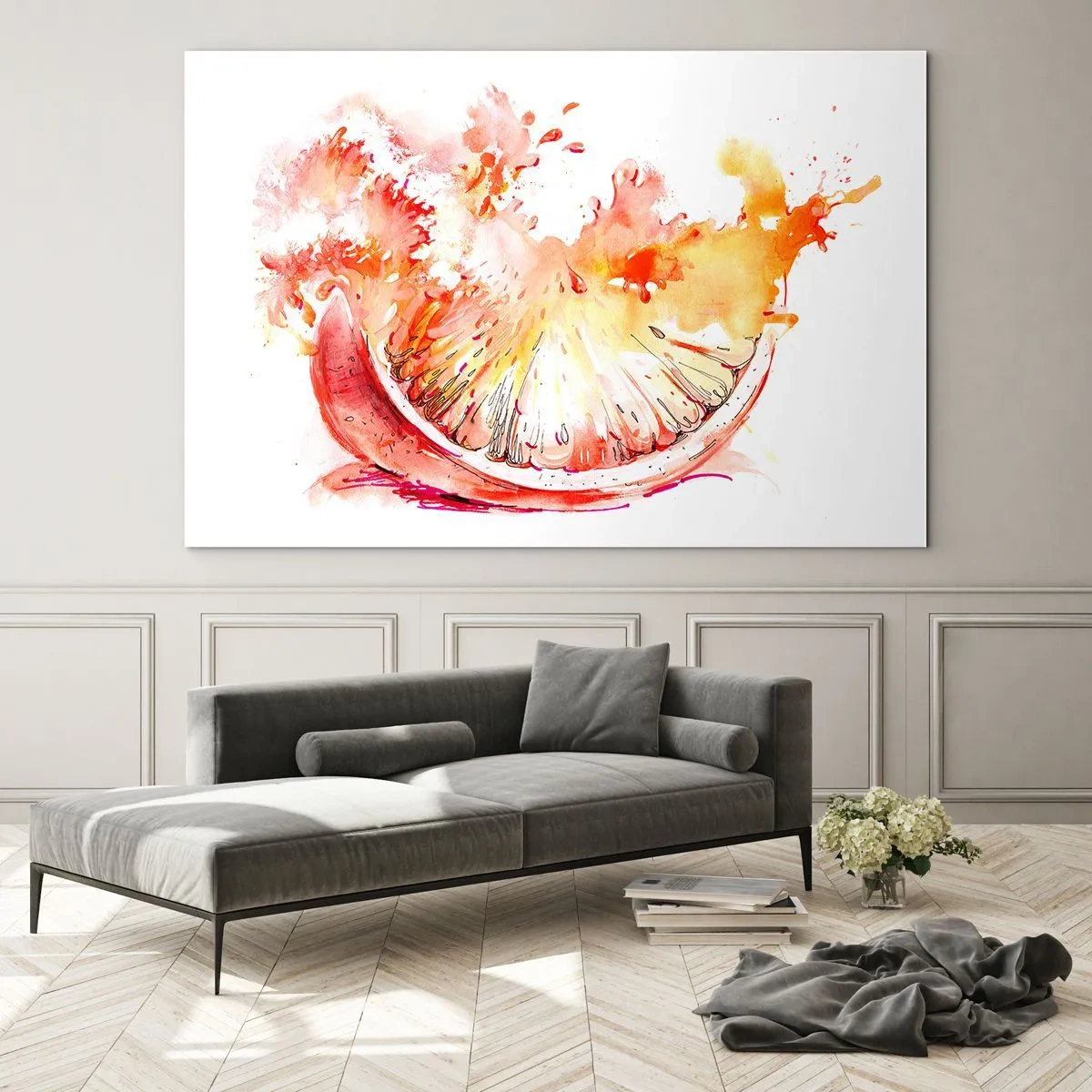 Obraz na skle - Akvarelová maľba šťavnatého segmentu grapefruitu v pohybe - 70x50cm - Šťavnaté osvieženie - Moderná nástenná dekorácia do obývacej izby a spálne ARTTOR