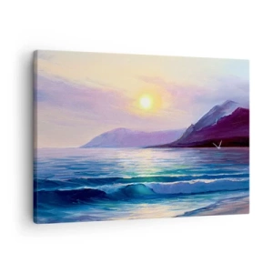 Obraz na plátne - Malebná prímorská krajina pri západe slnka s vlnami a horami - 70x50cm - Krištáľ vody a vzduchu - Moderná nástenná dekorácia do obývacej izby a spálne ARTTOR