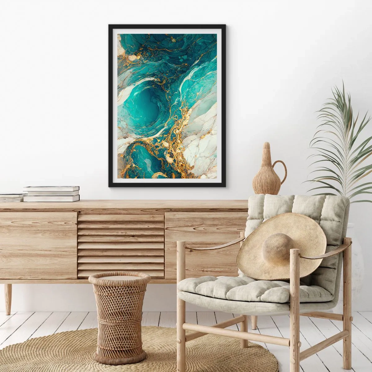 Plagát v čiernom ráme - Tyrkysová abstrakcia so zlatými akcentmi - 50x70cm - Kompozícia so zlatými žilami - Moderná nástenná dekorácia do obývacej izby a spálne ARTTOR