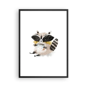 Plagát v čiernom ráme - Kresba mývala v šatke, ktorý drží šálku čaju. - 50x70cm - Môj priateľ mýval - Moderná nástenná dekorácia do obývacej izby a spálne ARTTOR