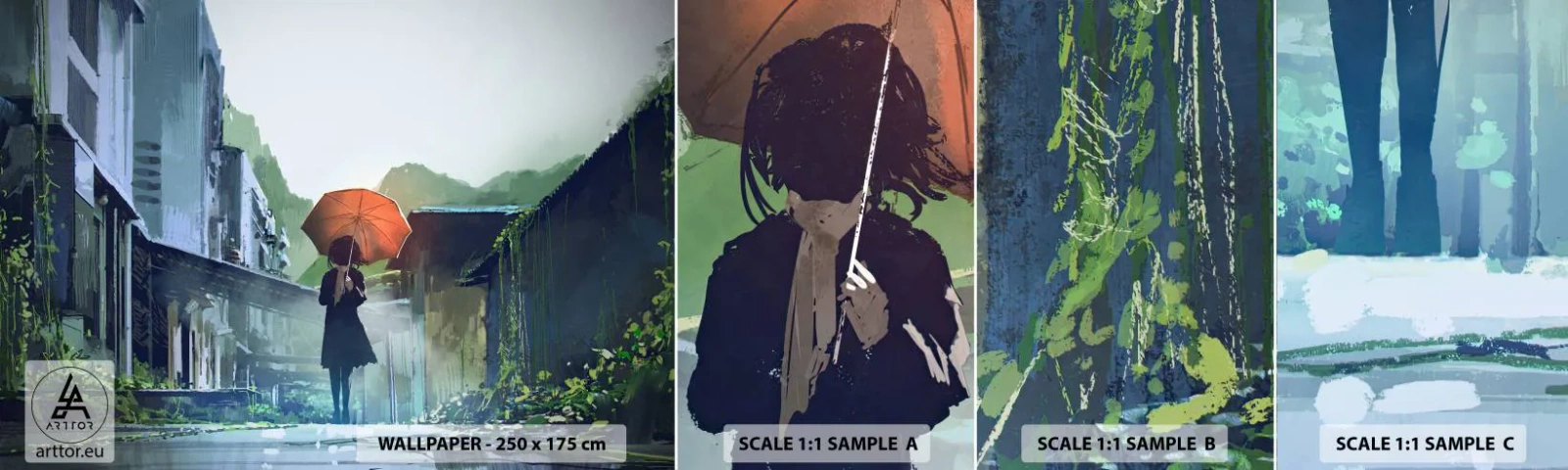 Vzorka samolepiacej fototapety Deluxe Sticker - Oživujúci dážď - Abstrakcia, Mesto, Architektúra - 100x30 cm