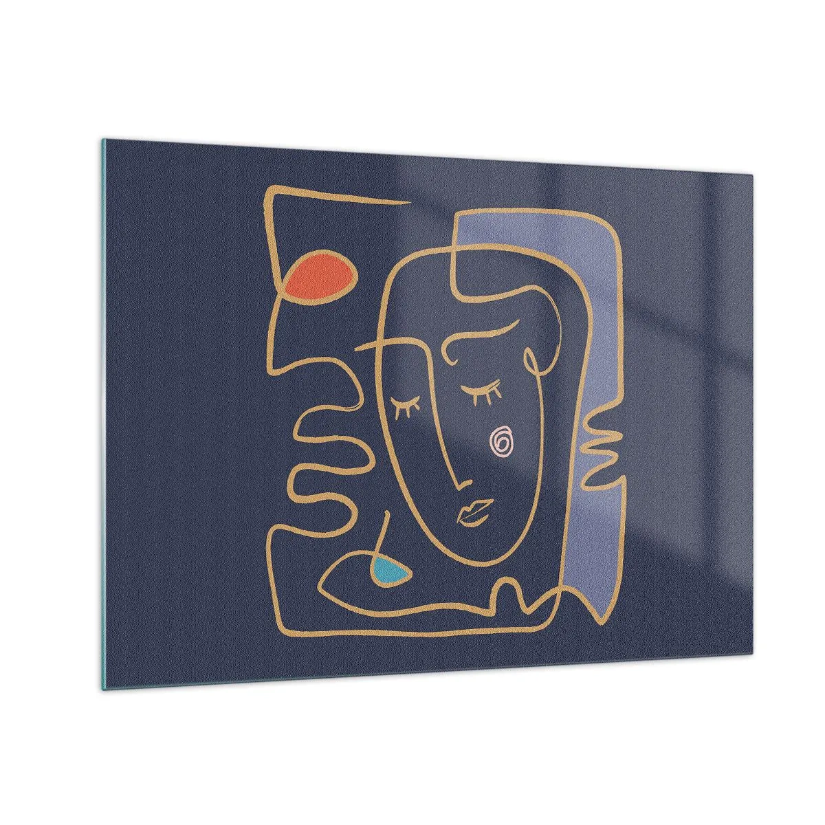 Obraz na skle - Abstraktná tvár v obryse na námorníckomodrom pozadí - 70x50cm - V zádumčivosti - Moderná nástenná dekorácia do obývacej izby a spálne ARTTOR
