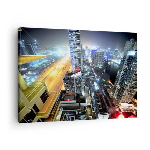 Obraz na plátne - Panoráma nočného mesta s osvetlenými mrakodrapmi - 70x50cm - Zázrak na púšti - Moderná nástenná dekorácia do obývacej izby a spálne ARTTOR