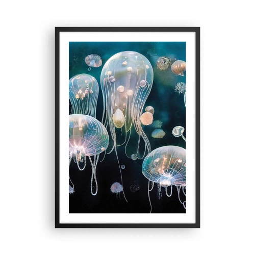 Plagát v čiernom ráme - Nenápadné medúzy plávajúce v mori - 50x70cm - Podvodný ples - Moderná nástenná dekorácia do obývacej izby a spálne ARTTOR