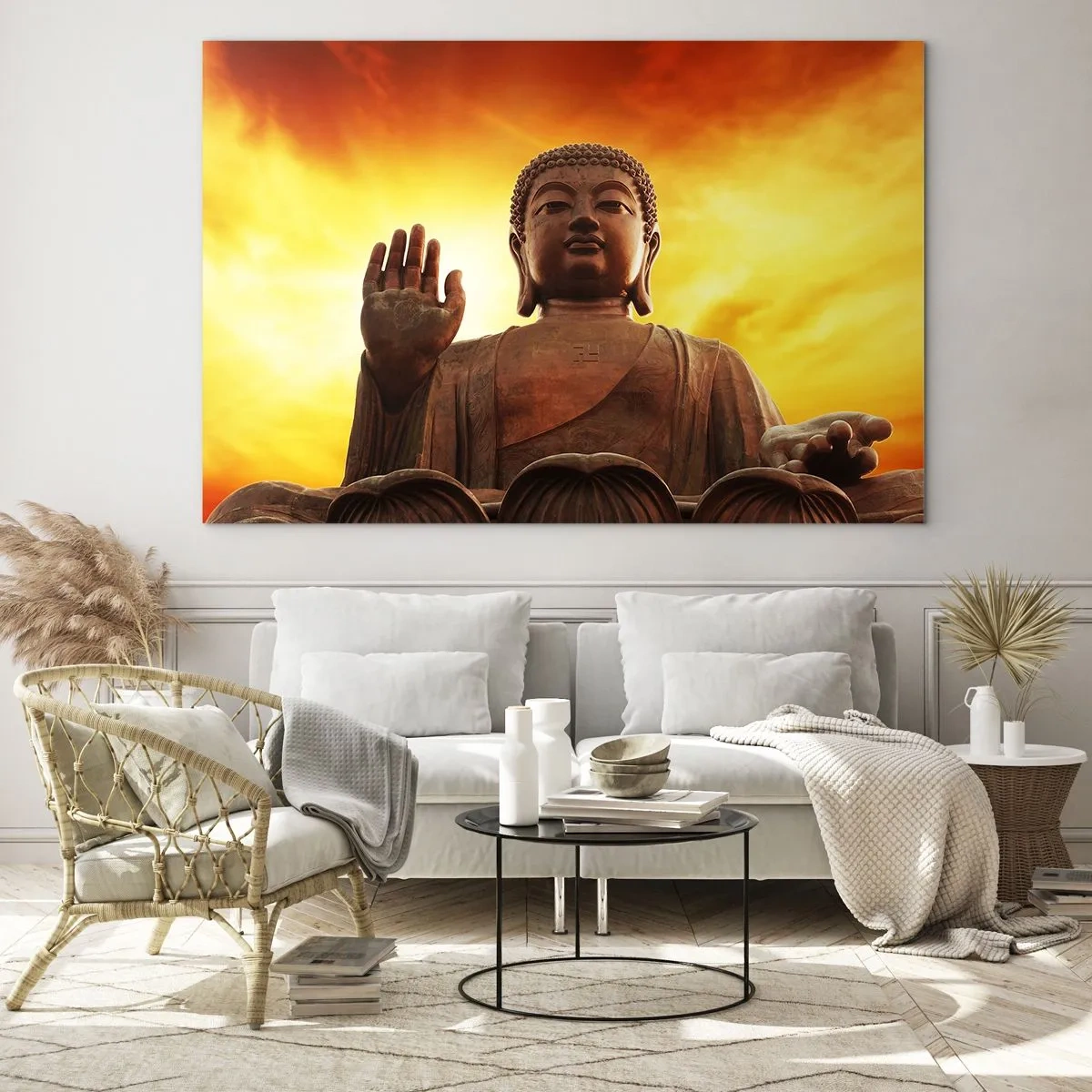 Obraz na skle - Socha Budhu na pozadí zlatého západu slnka - 70x50cm - Svetový kľud - Moderná nástenná dekorácia do obývacej izby a spálne ARTTOR