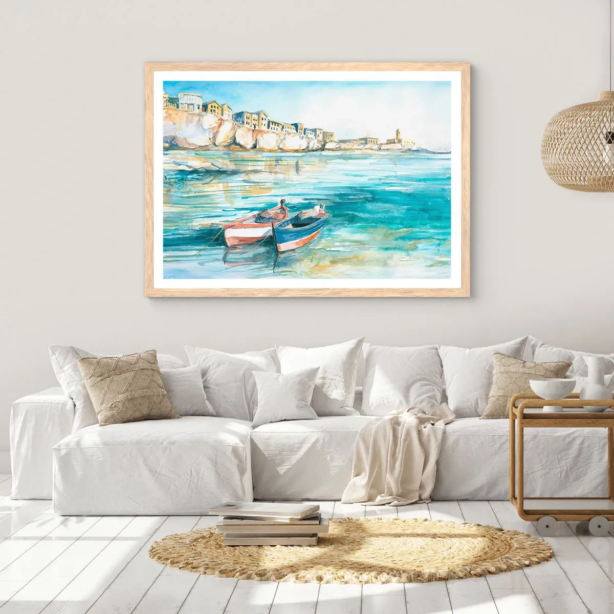 Plagát v ráme zo svetlého duba - Krajina v modrej - 91x61 cm