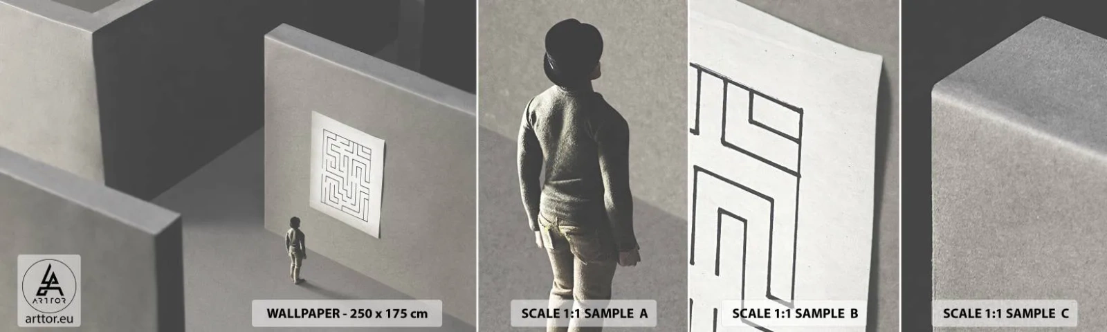 Vzorka samolepiacej fototapety Deluxe Sticker - Kde to ale som? - Bludisko, Abstrakcia, Kus - 100x30 cm