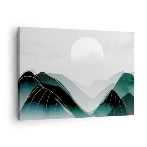 Obraz na plátne - Abstraktná horská krajina s mesiacom a zlatými čiarami - 70x50cm - V plnom majestáte - Moderná nástenná dekorácia do obývacej izby a spálne ARTTOR