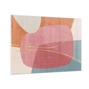 Obraz na skle - Pastelové tvary s pretínajúcimi sa zlatými čiarami - 70x50cm - Pastelová kompozícia so zlatou niťou - Moderná nástenná dekorácia do obývacej izby a spálne ARTTOR