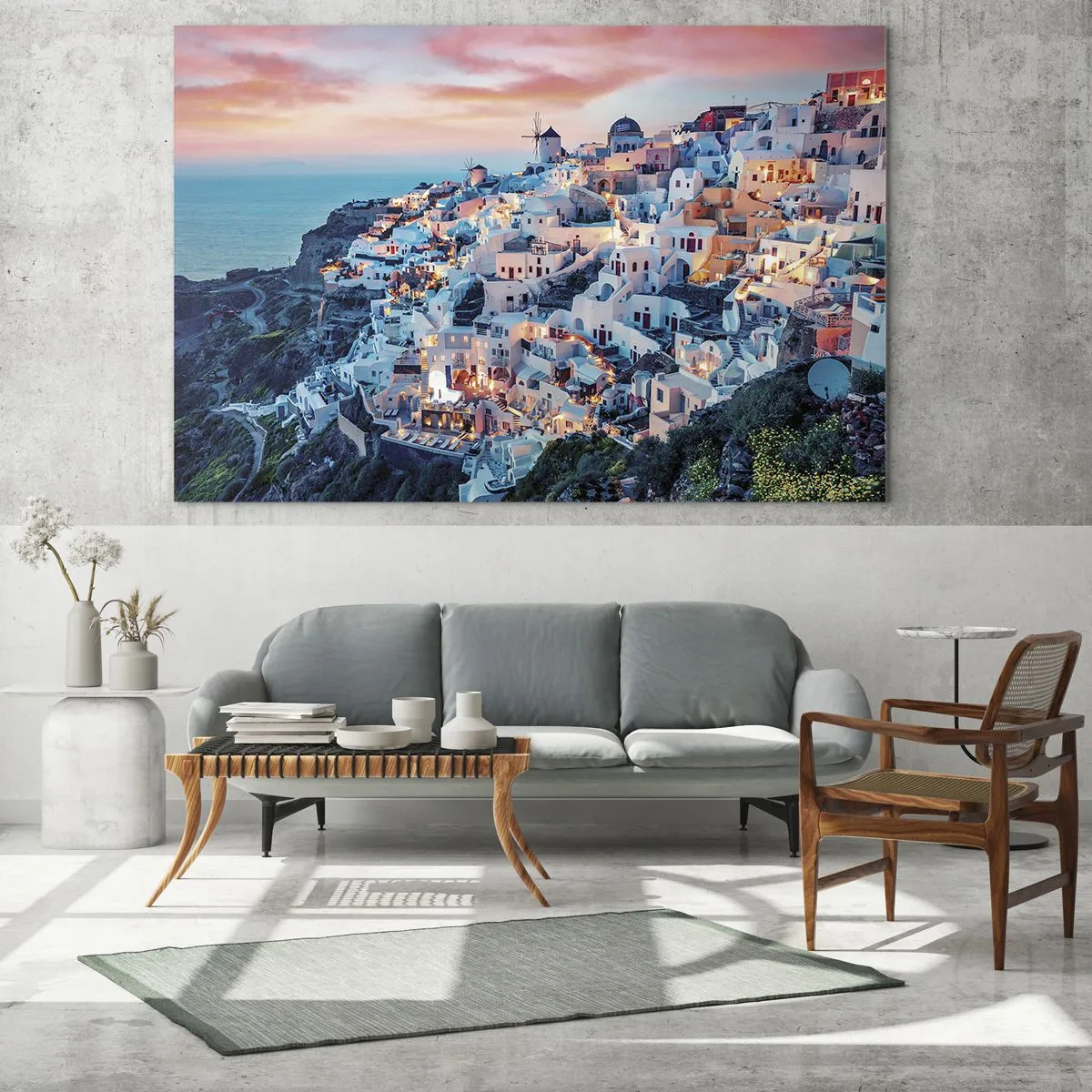 Obraz na skle - Grécke útesové mesto za súmraku s výhľadom na more - 70x50cm - Tvoja tučná grécka dovolenka - Moderná nástenná dekorácia do obývacej izby a spálne ARTTOR