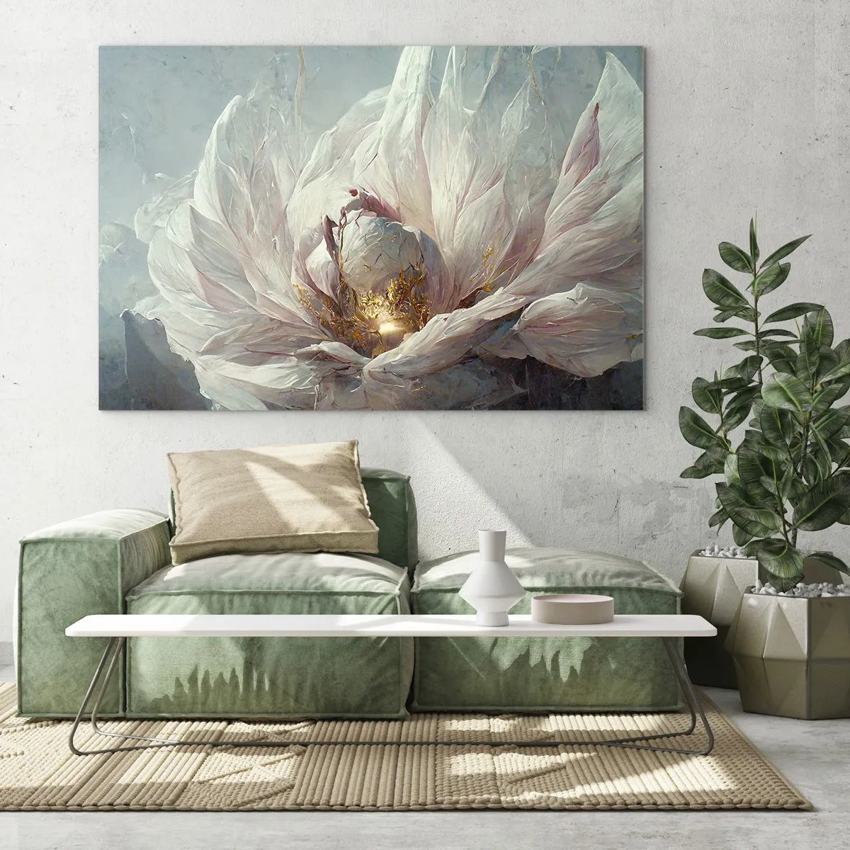Obraz na skle - Kvitnúci kvet v jemných sivých a zlatých odtieňoch - 70x50cm - Rozkvitá raz za sto rokov - Moderná nástenná dekorácia do obývacej izby a spálne ARTTOR