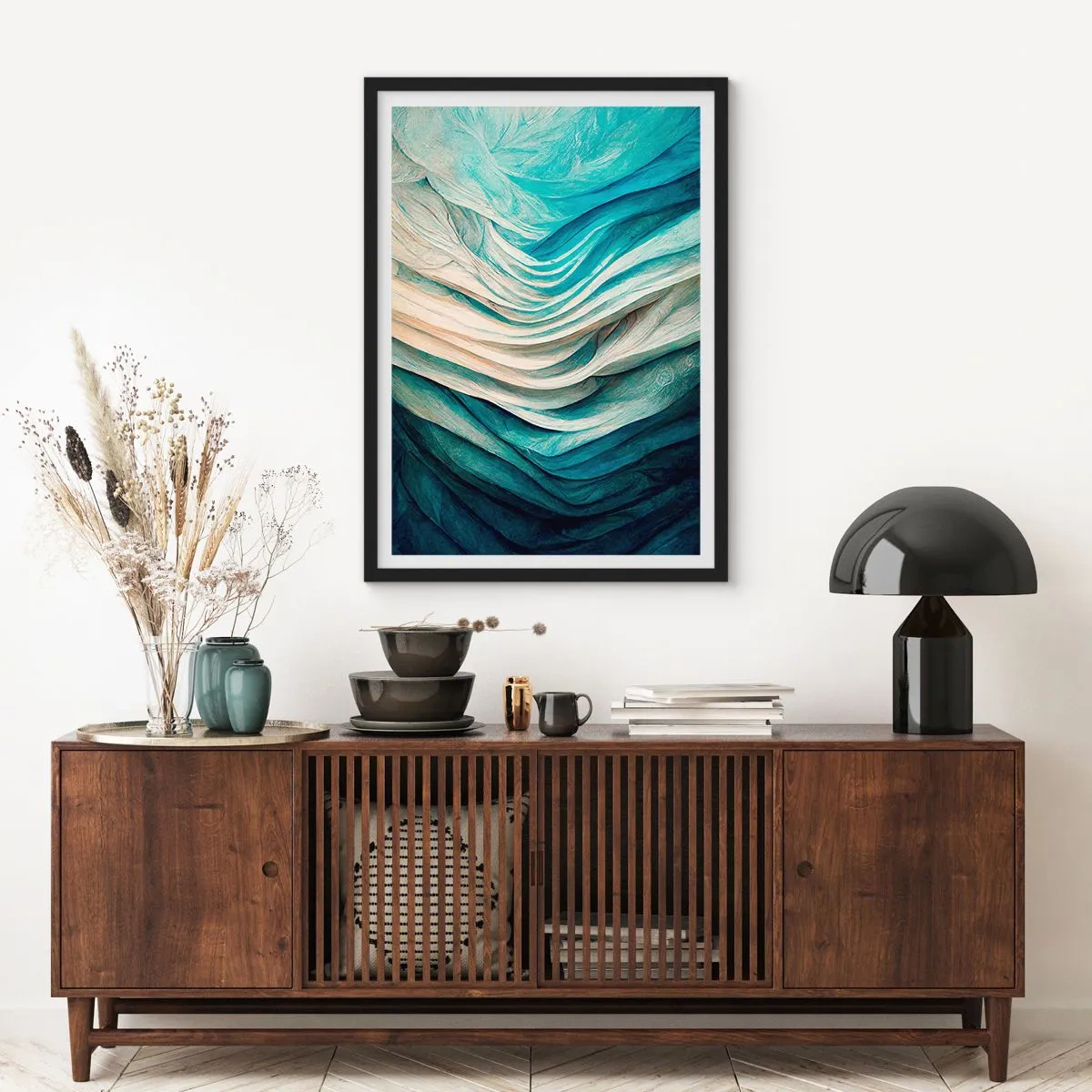 Plagát v čiernom ráme - Abstraktná kompozícia vĺn v odtieňoch modrej a béžovej - 50x70cm - Modrá neukojiteľnosť - Moderná nástenná dekorácia do obývacej izby a spálne ARTTOR