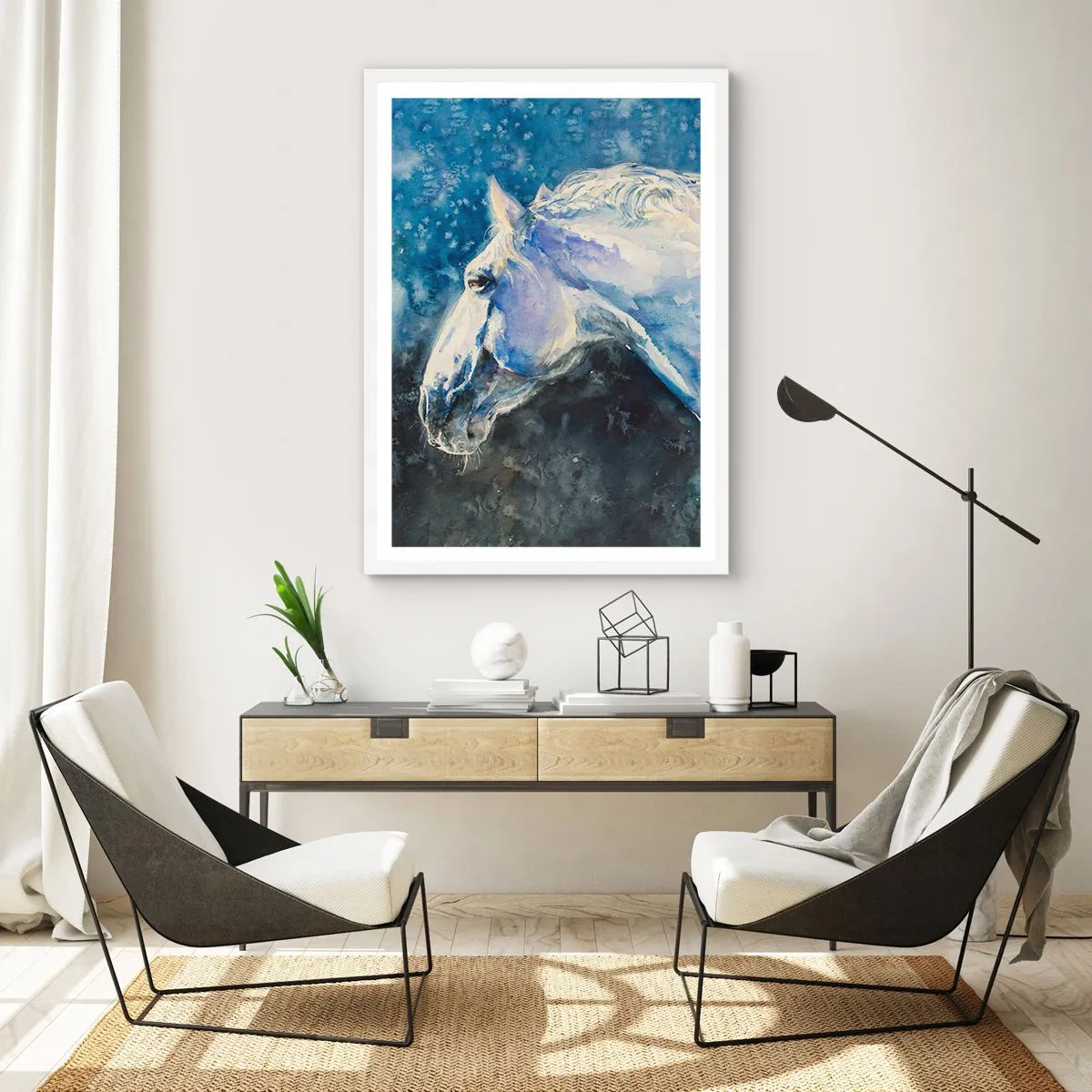 Plagát v bielom ráme - Portrét v modrej žiare - 30x40 cm