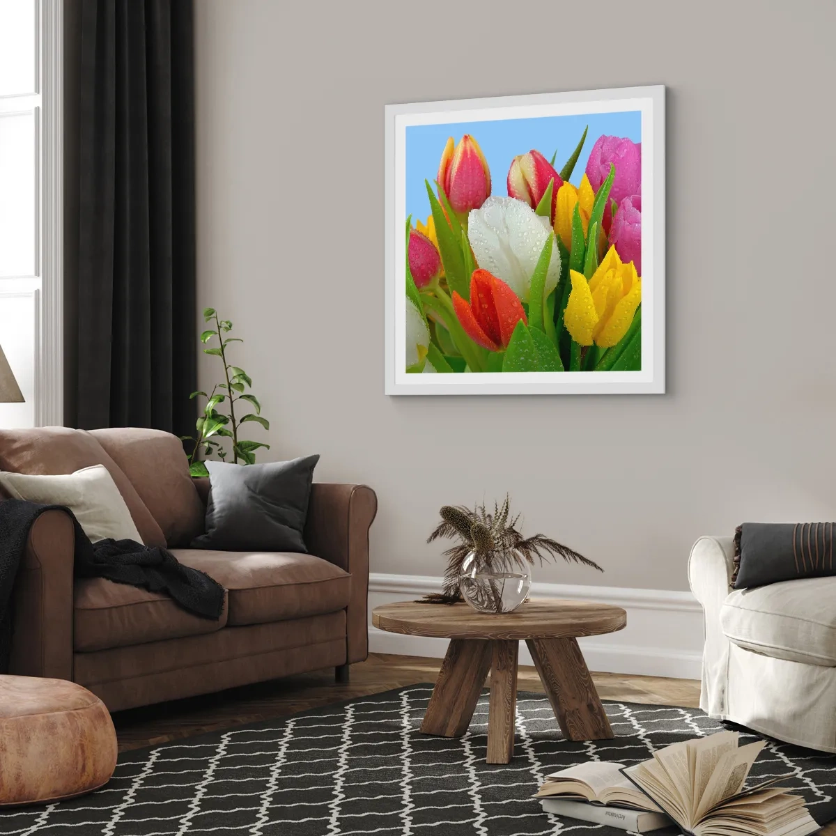 Plagát v bielom ráme - Kvetinová dúha v kvapkách rosy - 40x40 cm
