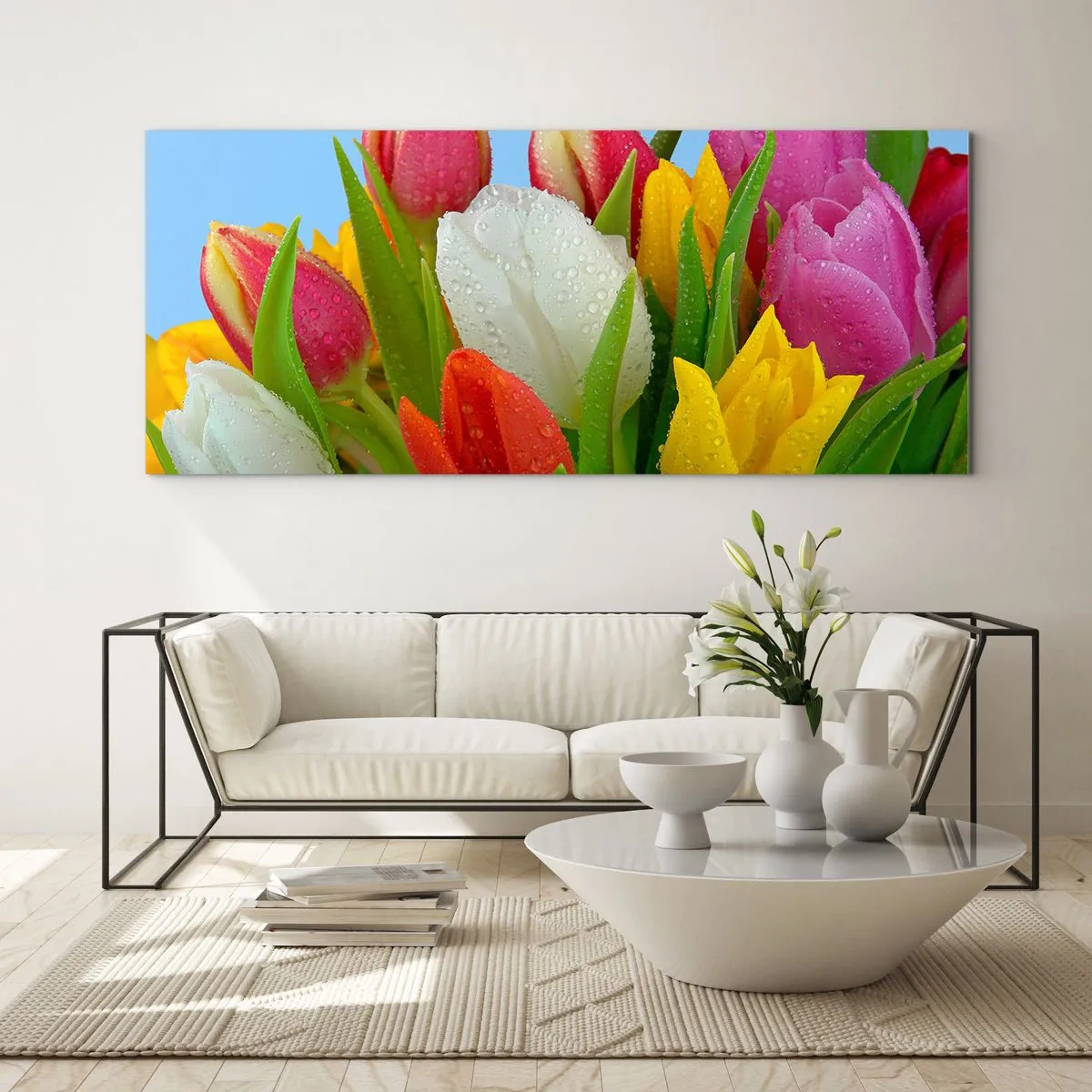Obraz na skle - Kvetinová dúha v kvapkách rosy - 100x40 cm
