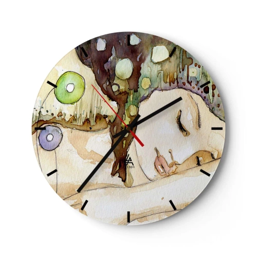 Nástenné hodiny - Abstraktná akvarelová maľba s motívom ženskej tváre - 30x30cm - Smaragdovo-fialový sen - Moderná nástenná dekorácia do obývacej izby, kuchyne a spálne ARTTOR