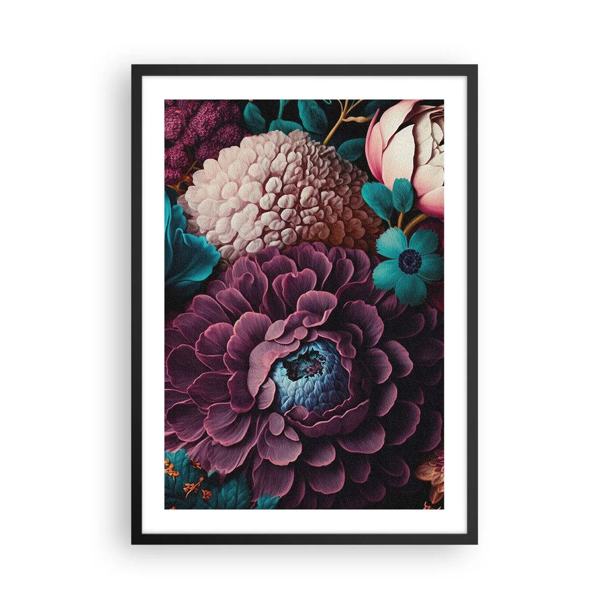 Plagát v čiernom ráme - Kvetinový aranžmán v tmavých odtieňoch - 50x70cm - Úroda prírody - Moderná nástenná dekorácia do obývacej izby a spálne ARTTOR