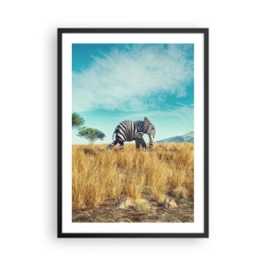 Plagát v čiernom ráme - Zebra so sloním telom na pozadí africkej savany - 50x70cm - Šedá už nie je v móde - Moderná nástenná dekorácia do obývacej izby a spálne ARTTOR