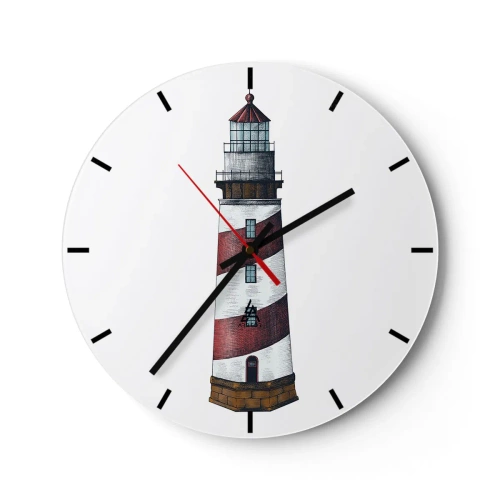Nástenné hodiny - Maják s červenými a bielymi pruhmi na bielom pozadí - 30x30cm - Vždy na stráži - Moderná nástenná dekorácia do obývacej izby, kuchyne a spálne ARTTOR