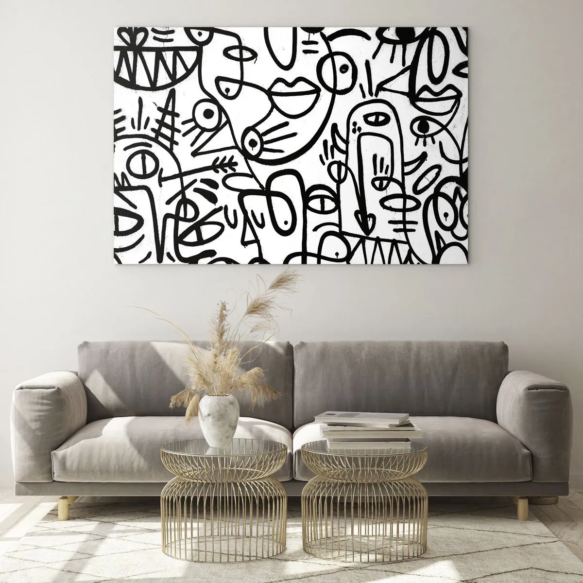 Obraz na skle - Čiernobiela abstrakcia s očami, tvárami a čiarami - 70x50cm - Tváre a preludy - Moderná nástenná dekorácia do obývacej izby a spálne ARTTOR