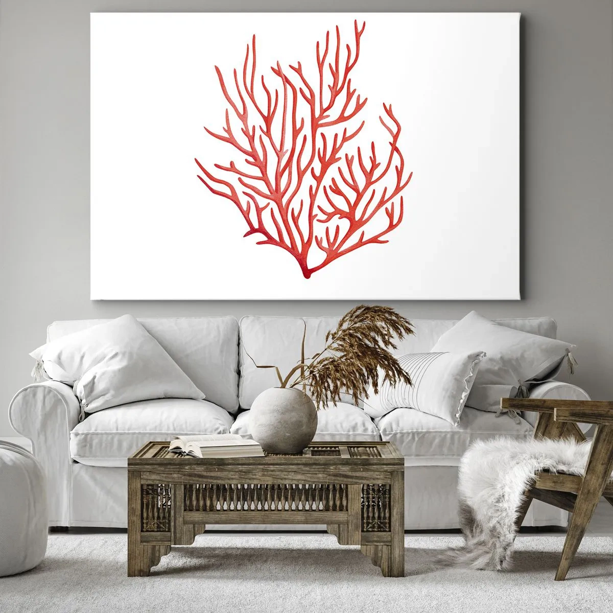 Obraz na plátne - Červený koral na bielom pozadí v minimalistickom štýle - 70x50cm - Koralový filigrán - Moderná nástenná dekorácia do obývacej izby a spálne ARTTOR