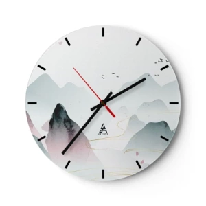 Nástenné hodiny - Minimalistická horská krajina v pastelových odtieňoch s lietajúcimi vtákmi. - 30x30cm - Cez vrcholy - Moderná nástenná dekorácia do obývacej izby, kuchyne a spálne ARTTOR